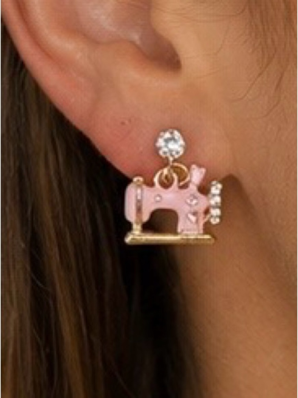 Vintage Pink Enamel Sewing Machine Stud Earrings with Rhinestone Post. EUC